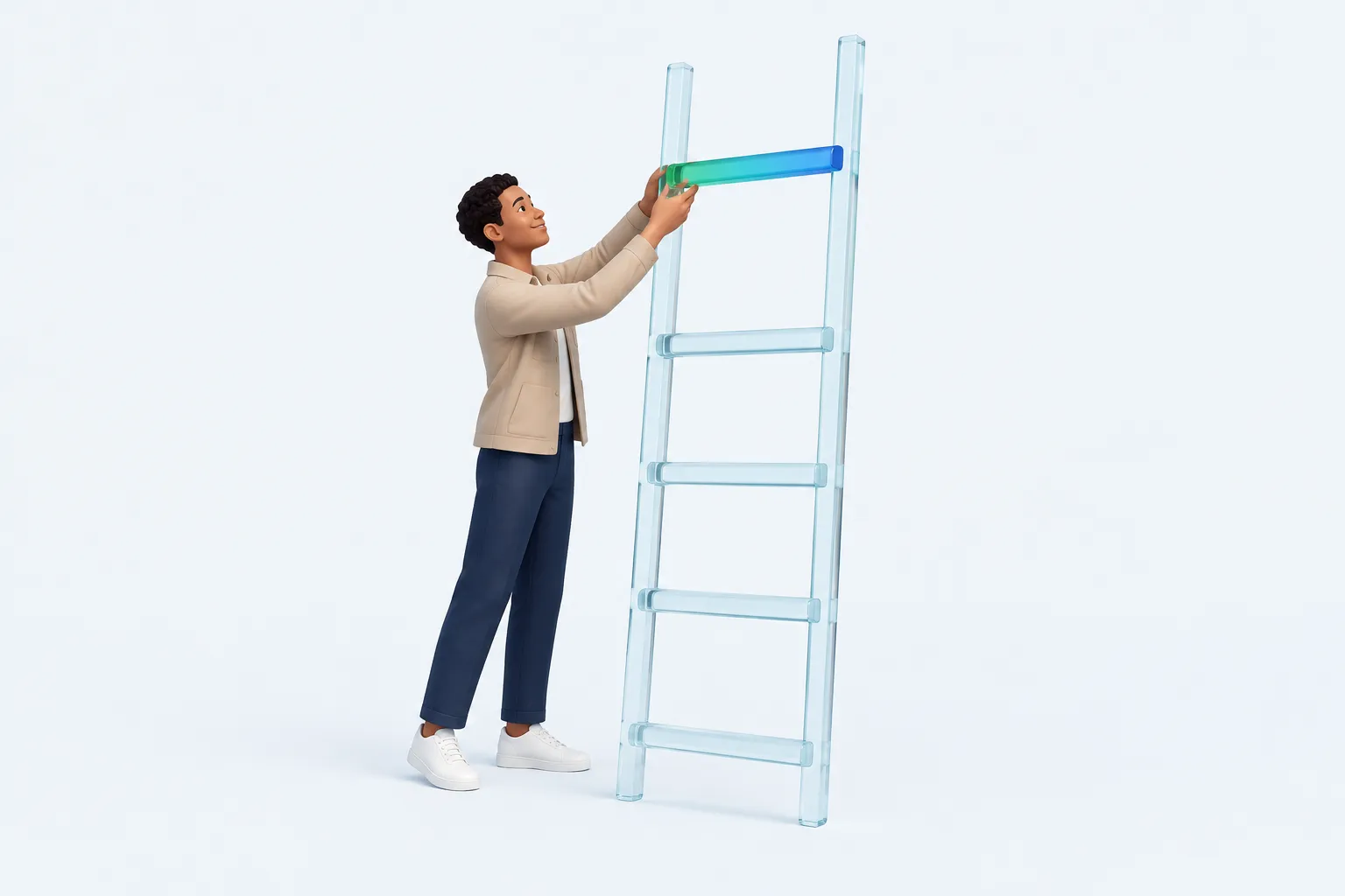 A small figure setting a rung on an oversized glass ladder, representing the staged sequence of AI change management hires.