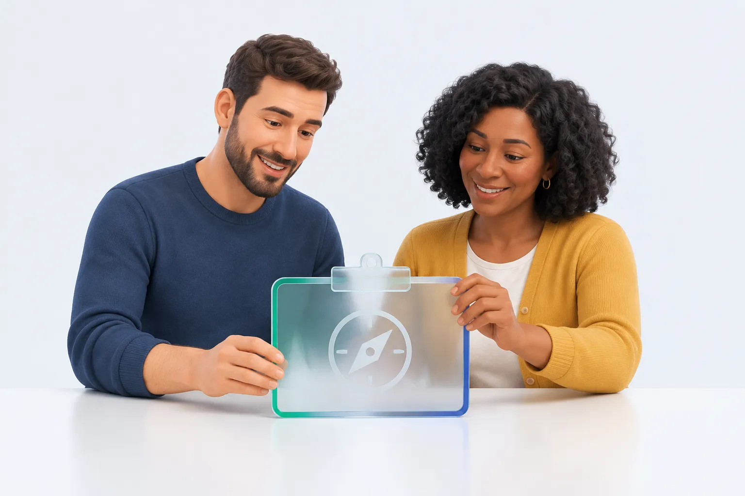 Two colleagues together adjusting a glass nameplate etched with a compass mark for the AI Change Lead role.