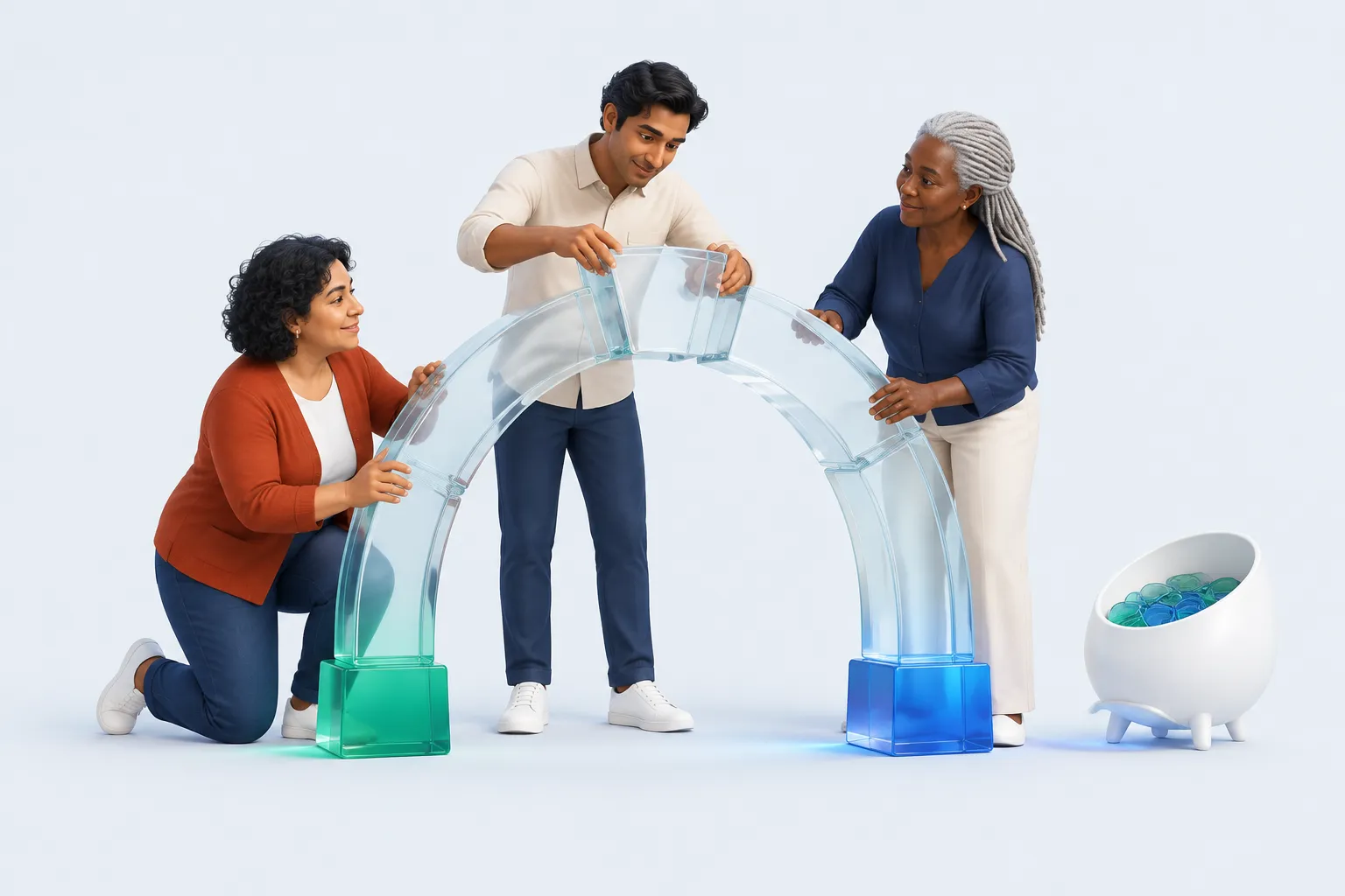 Three colleagues assemble a glass arch beside a token hopper, illustrating the Shopify token leaderboard distinction between consumption and lasting work.