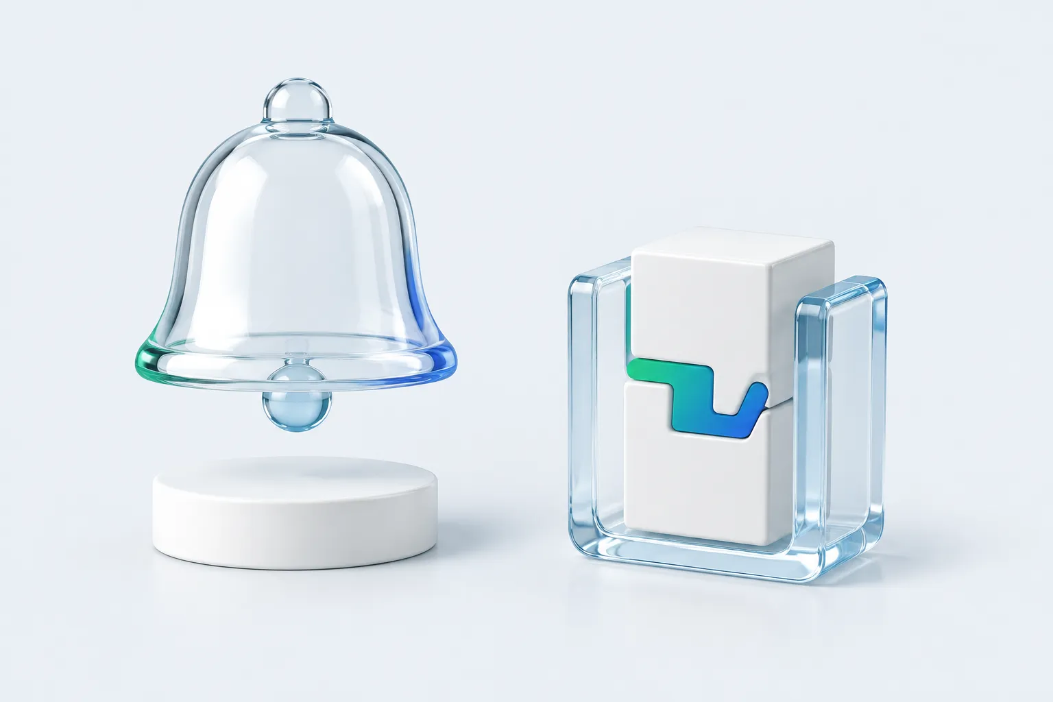 A glass alarm bell beside a fitted joint contrasts a spending alert with finished work that needs review.