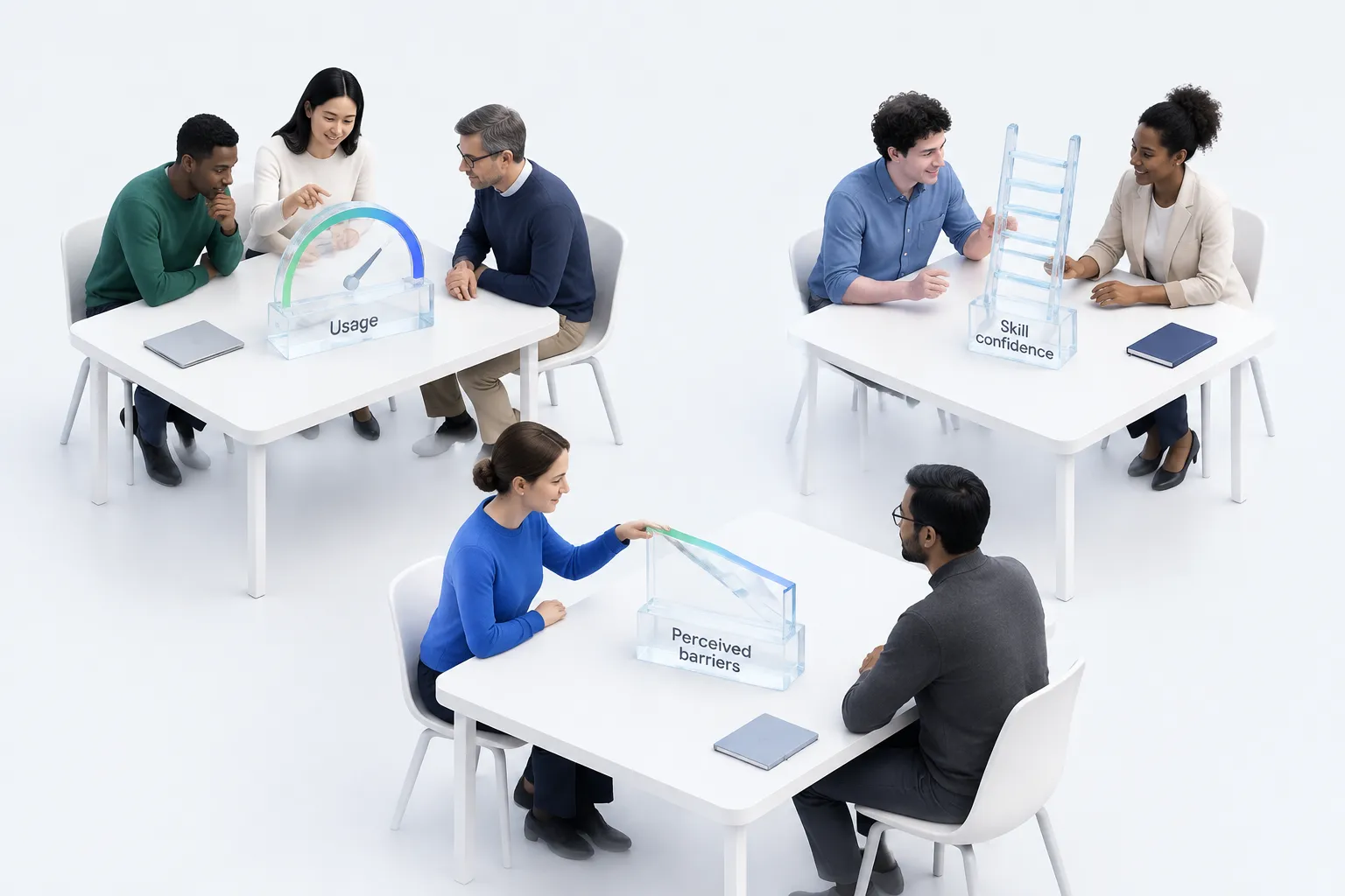 Overhead view of three office clusters each examining a different kind of adoption evidence: usage, skills confidence and barriers.