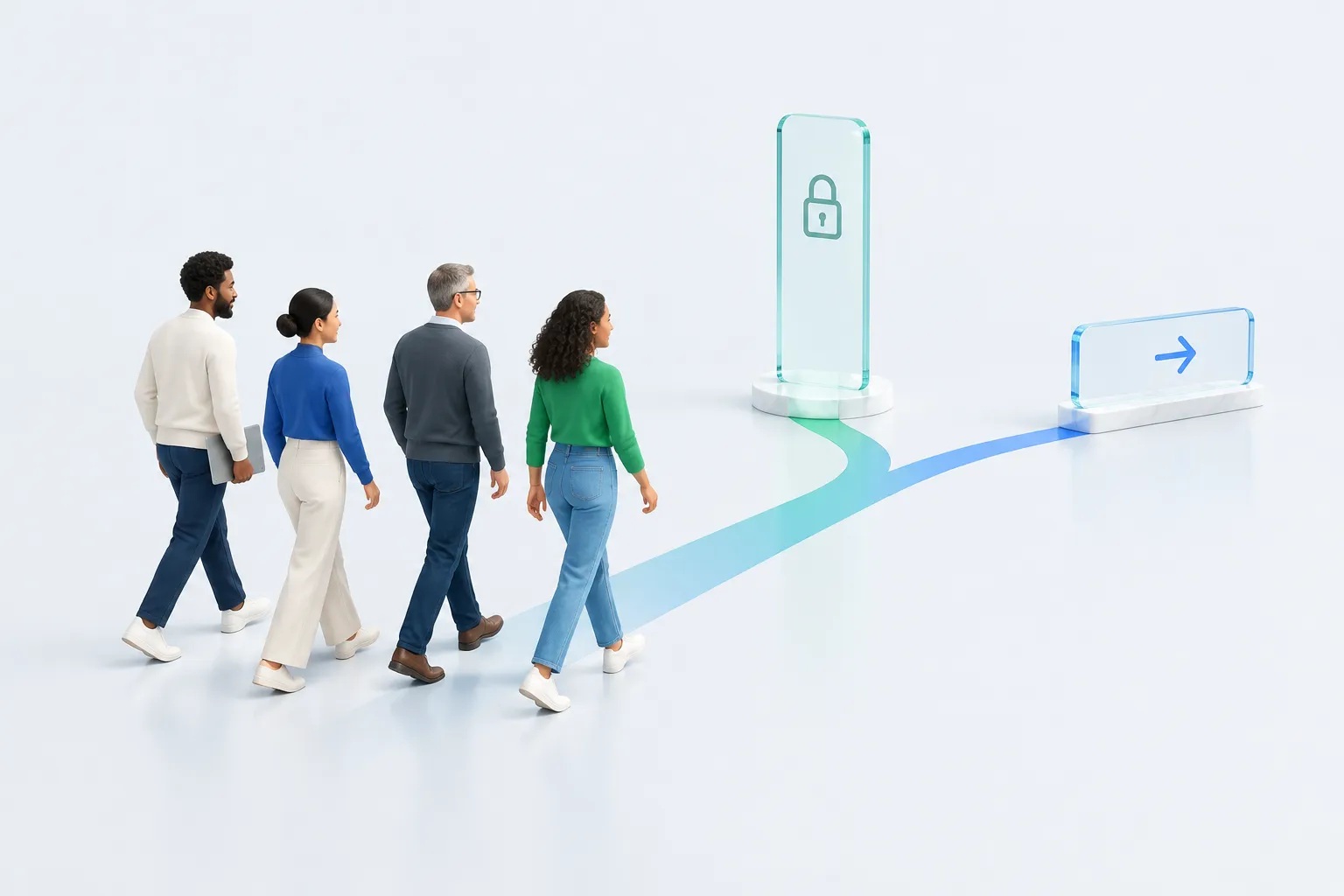 Illustration of four colleagues approaching a fork between ownership and advisory markers, representing how to set up an AI center of excellence charter.