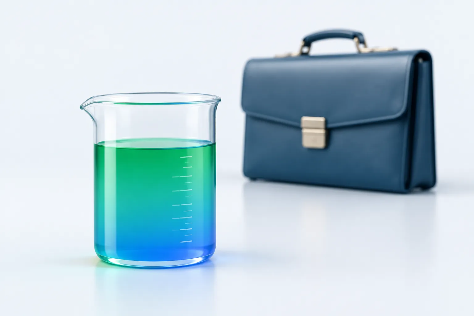 Conceptual illustration exploring what is change management consulting for an AI rollout, showing a glass measuring beaker in sharp focus with a blurred closed briefcase behind it