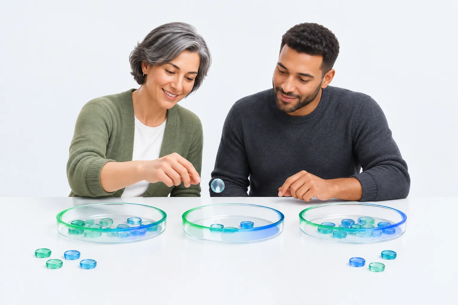 Two colleagues sorting small glass task chips into three shallow trays side by side at a table.