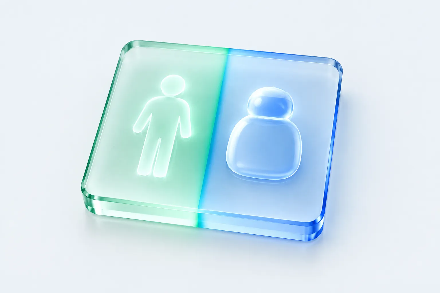 Illustration of a large glass tile split between a human figure and an agent shape, representing the AI skills vs agents decision for a single task.