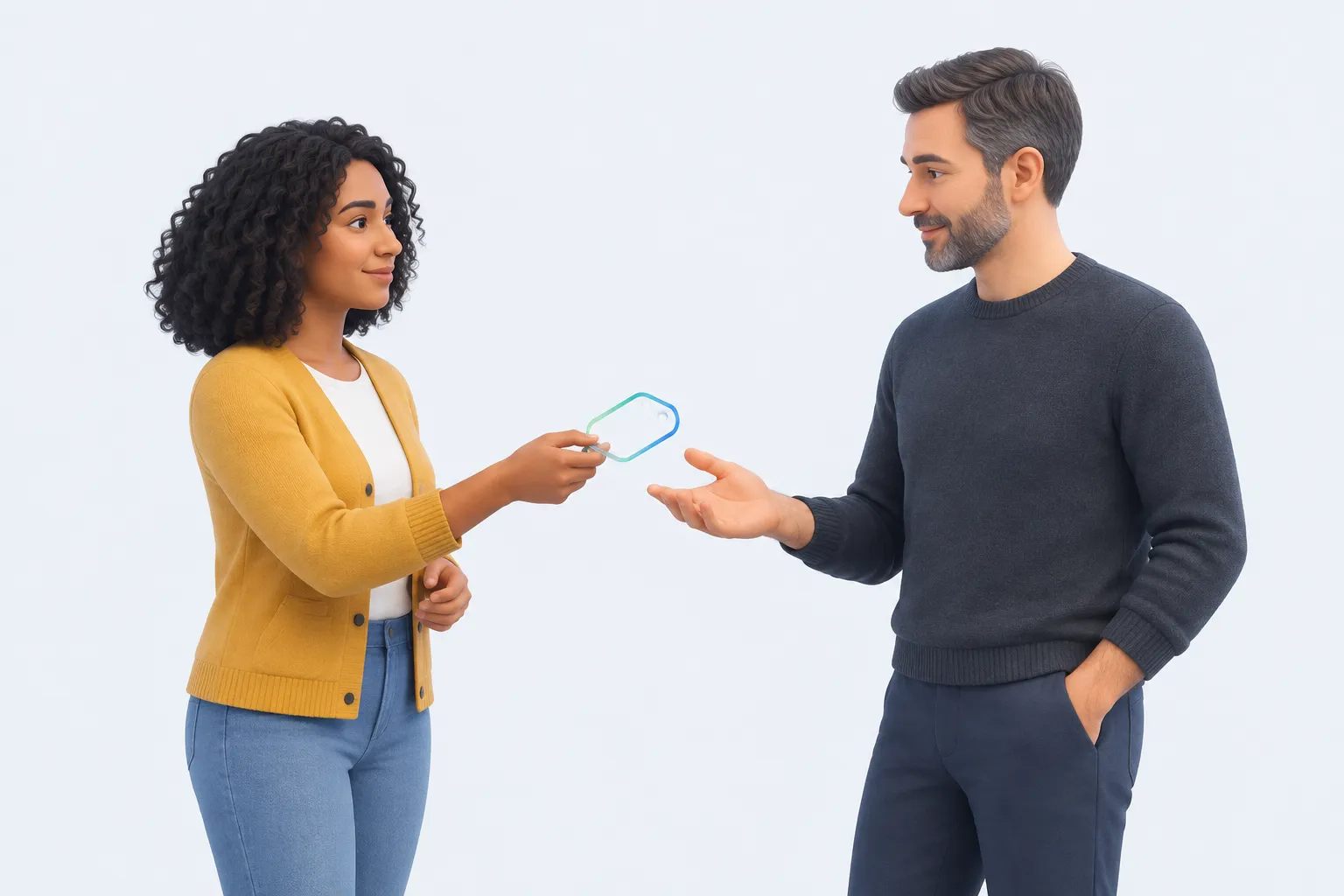 Two colleagues exchanging a plain glass tag representing program cost and duration trade-offs.