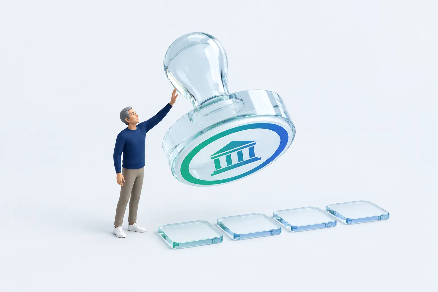 One person reaching toward an oversized glass certifying seal above blank glass tiles.