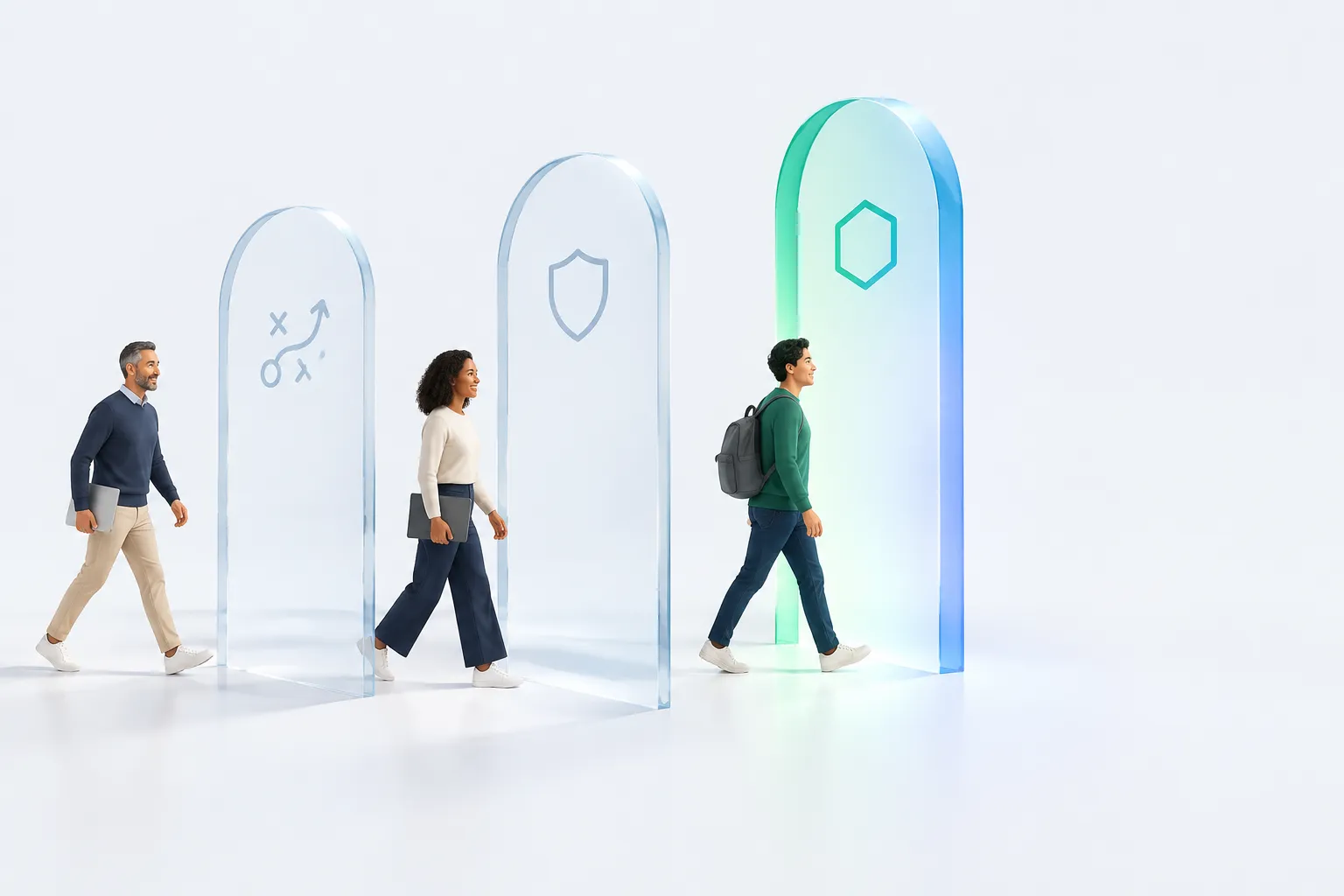 Three colleagues walking through glass archways representing stages of a chief AI officer certification program, the final archway opening onto empty space.