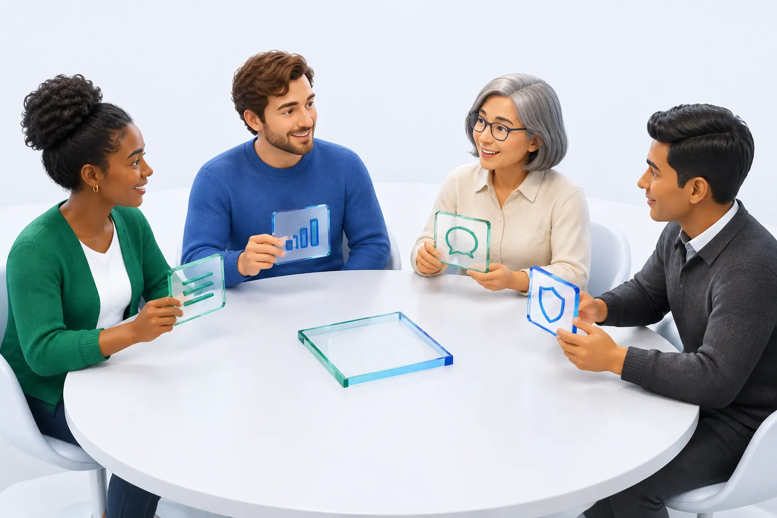 Team around a table holding glass tiles for usage, skills, culture and governance beside an empty frame representing missing adoption measurement.