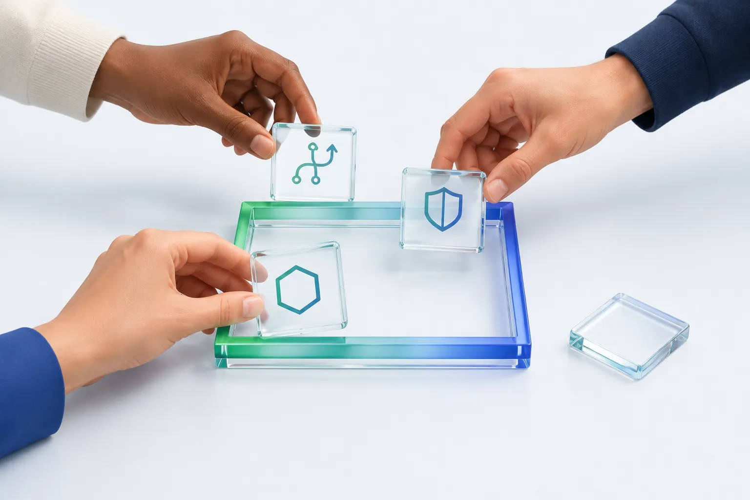 Close-up of hands placing glass tiles representing strategy, governance and risk into a capstone frame.