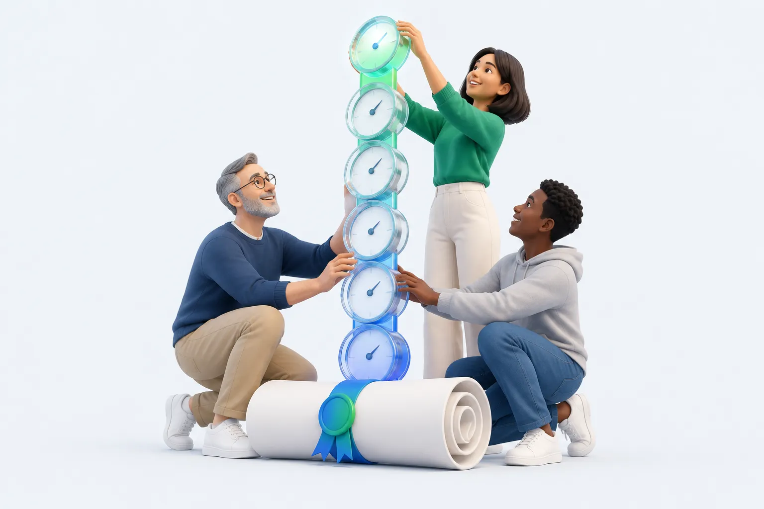 Three colleagues assembling a tall glass dial tower on a certificate-shaped base, representing building ongoing adoption measurement after a one-time course.