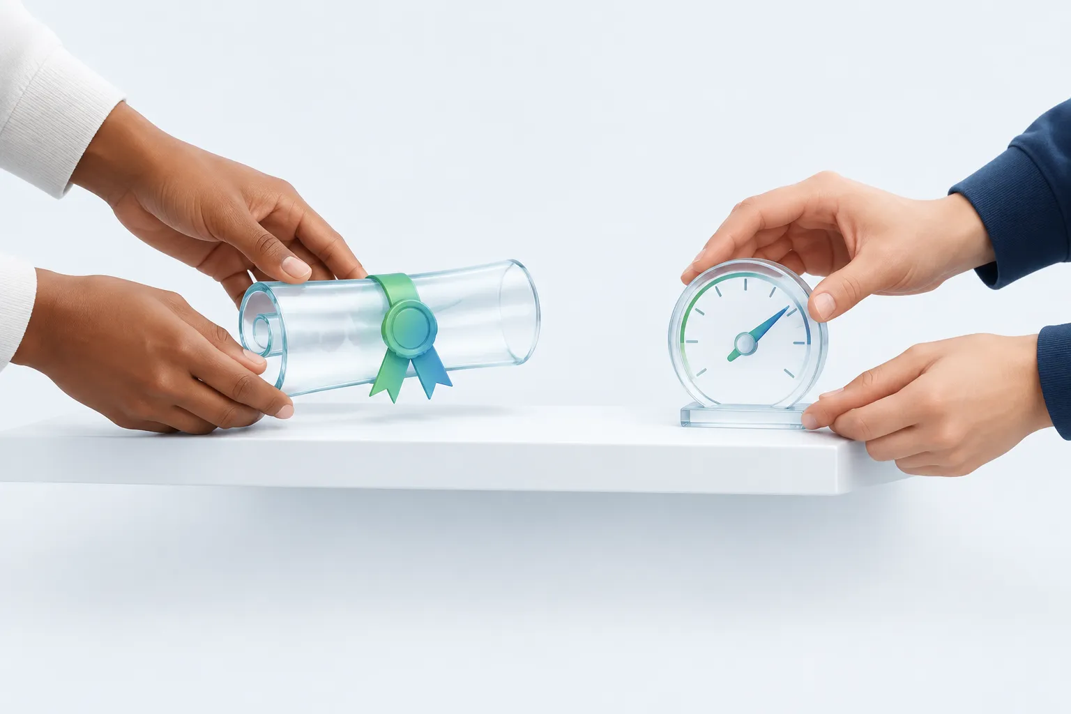 Two pairs of hands placing a glass certificate scroll beside a glass measuring gauge, illustrating the chief AI officer program, Harvard credential versus ongoing measurement.