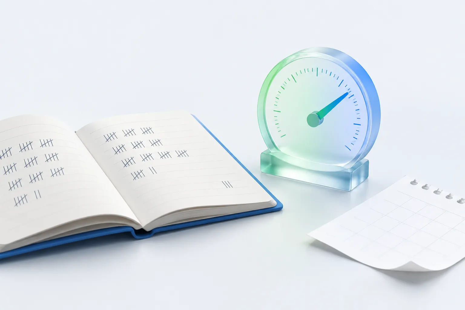 A conceptual still life symbolizing a chief AI officer measuring AI adoption in the first 90 days, showing a handwritten ledger beside a small glass gauge on a desk.