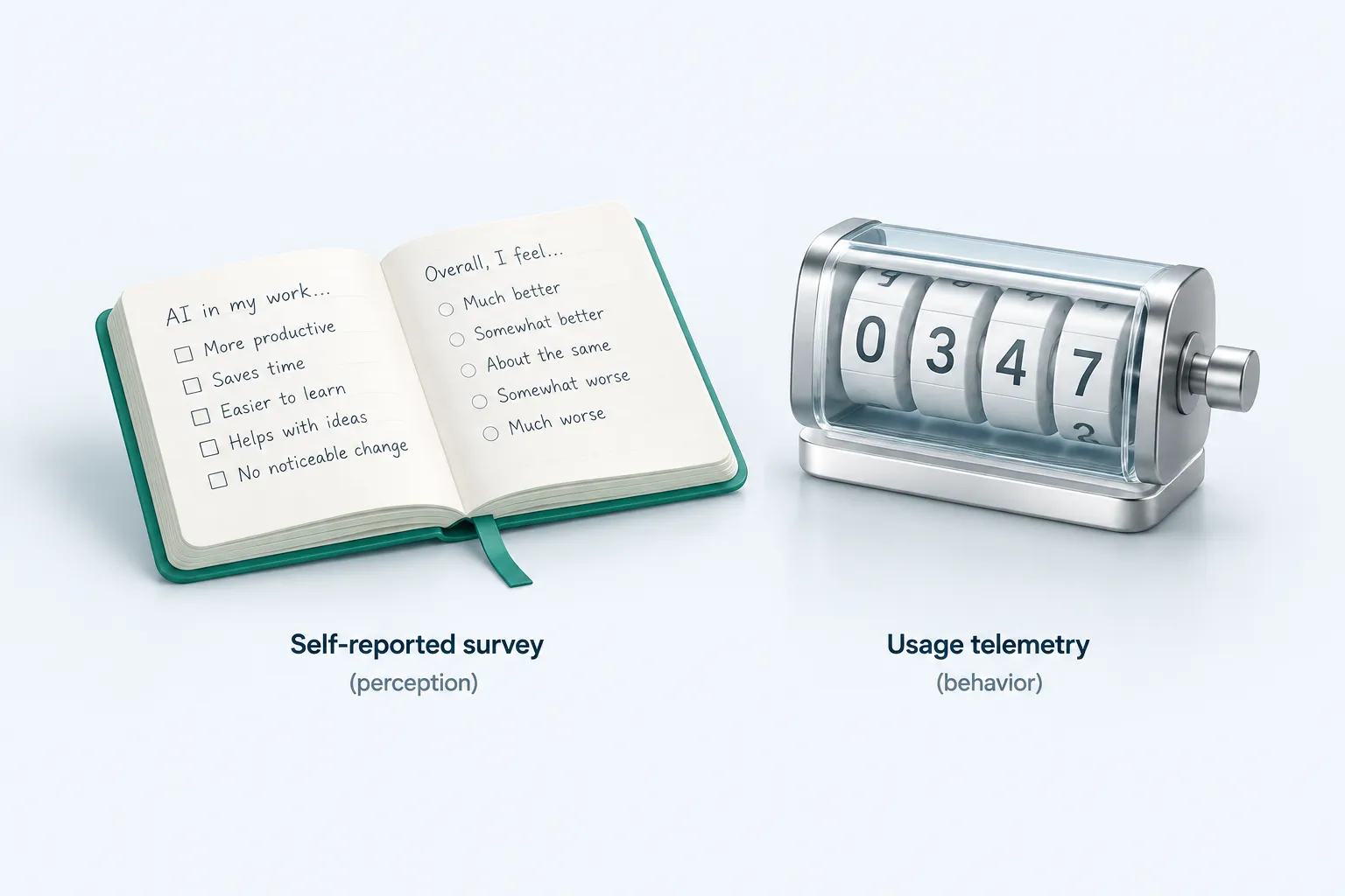 A handwritten journal beside a mechanical counter, contrasting self-reported survey data with behavioral usage telemetry.