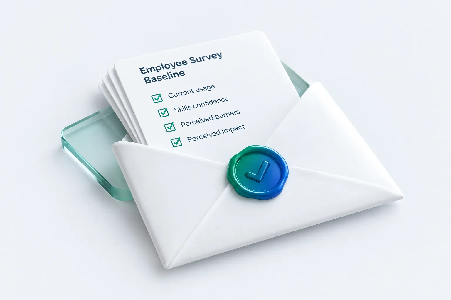 A stack of survey cards being sealed with a checkmark wax seal, representing the commitment to a fixed adoption baseline.