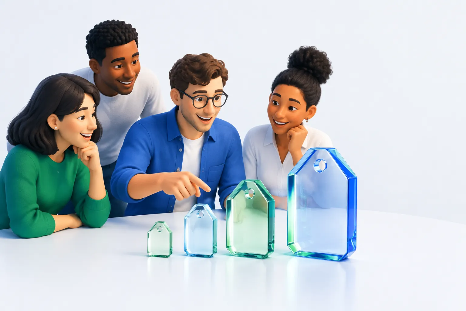 Four glass price-tag objects of varying sizes representing different OpenAI subscription and model pricing tiers