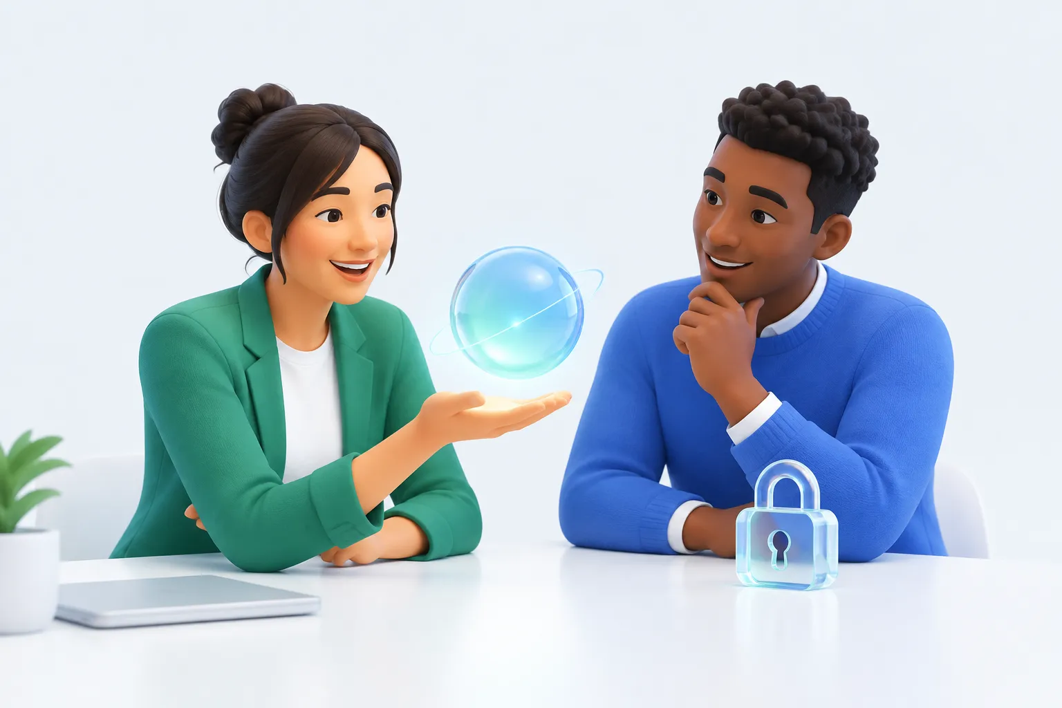 Two colleagues examining a glowing glass orb representing an always-on AI agent, with a glass padlock nearby