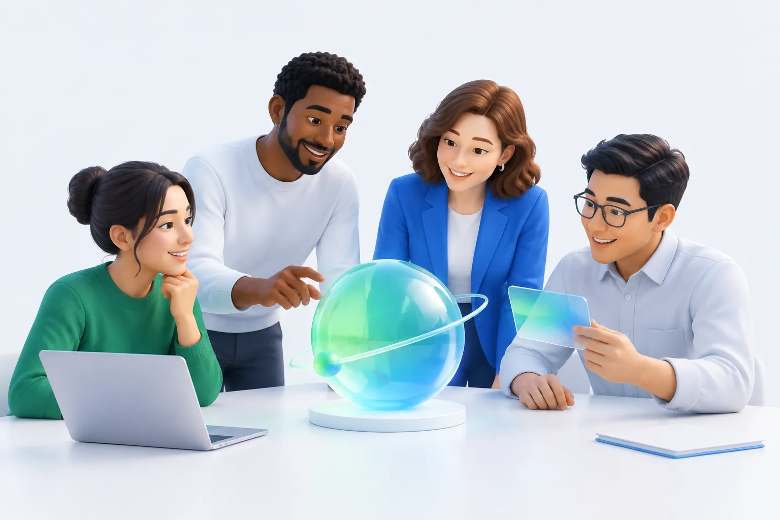 A team of colleagues examining a glass sphere representing new OpenAI DevDay 2026 announcements together in a bright office