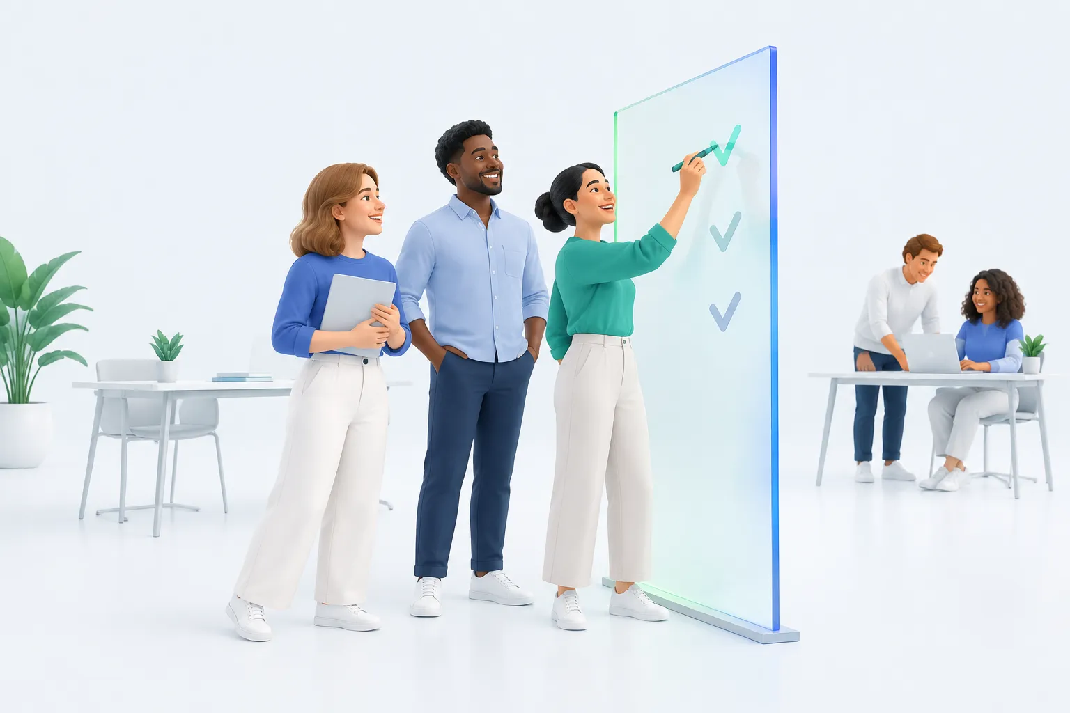 A team of colleagues marking items on a glass panel representing decisions to make after DevDay 2026