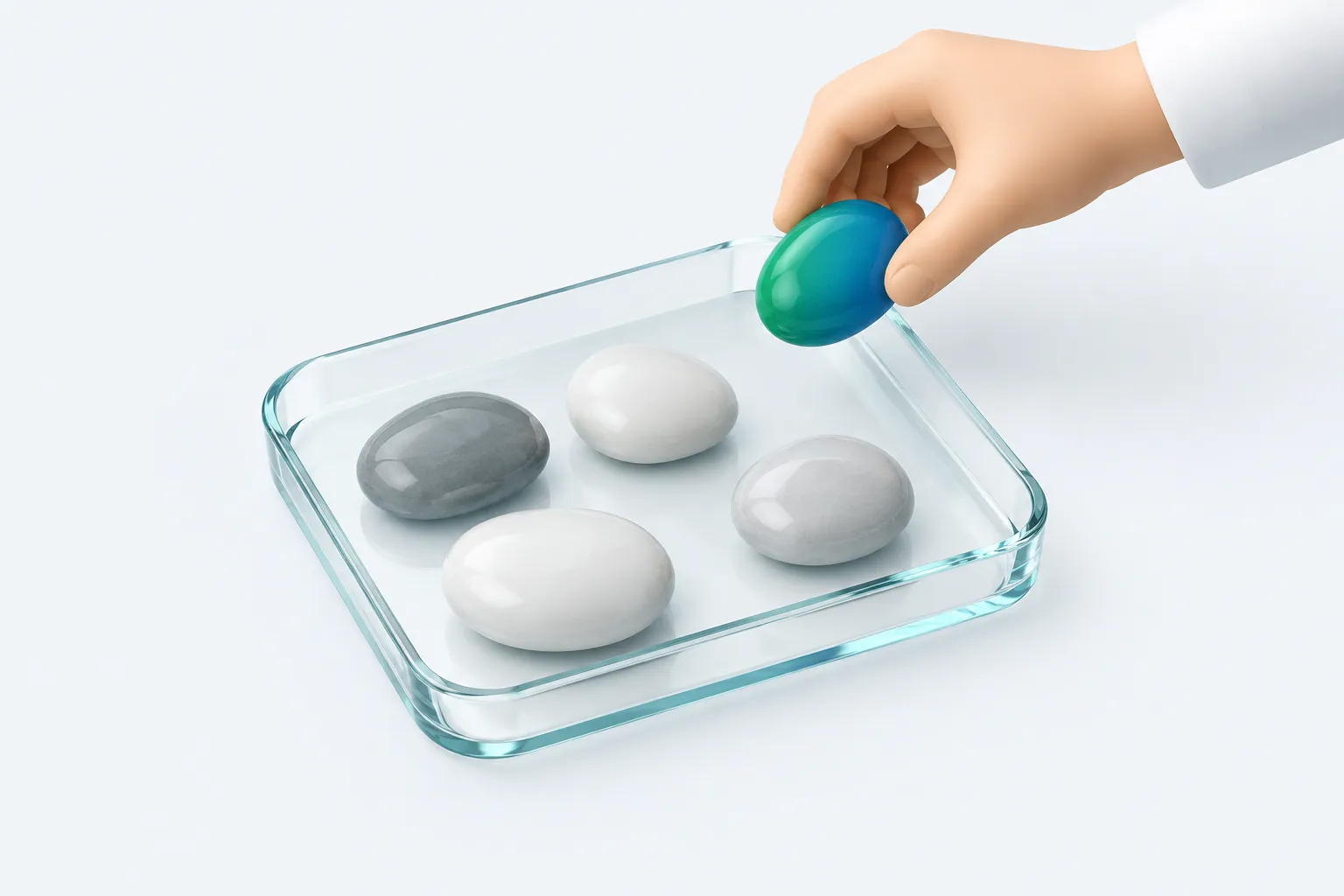 A hand placing a polished stone into a glass tray already holding several stones, symbolizing verifying items before reporting