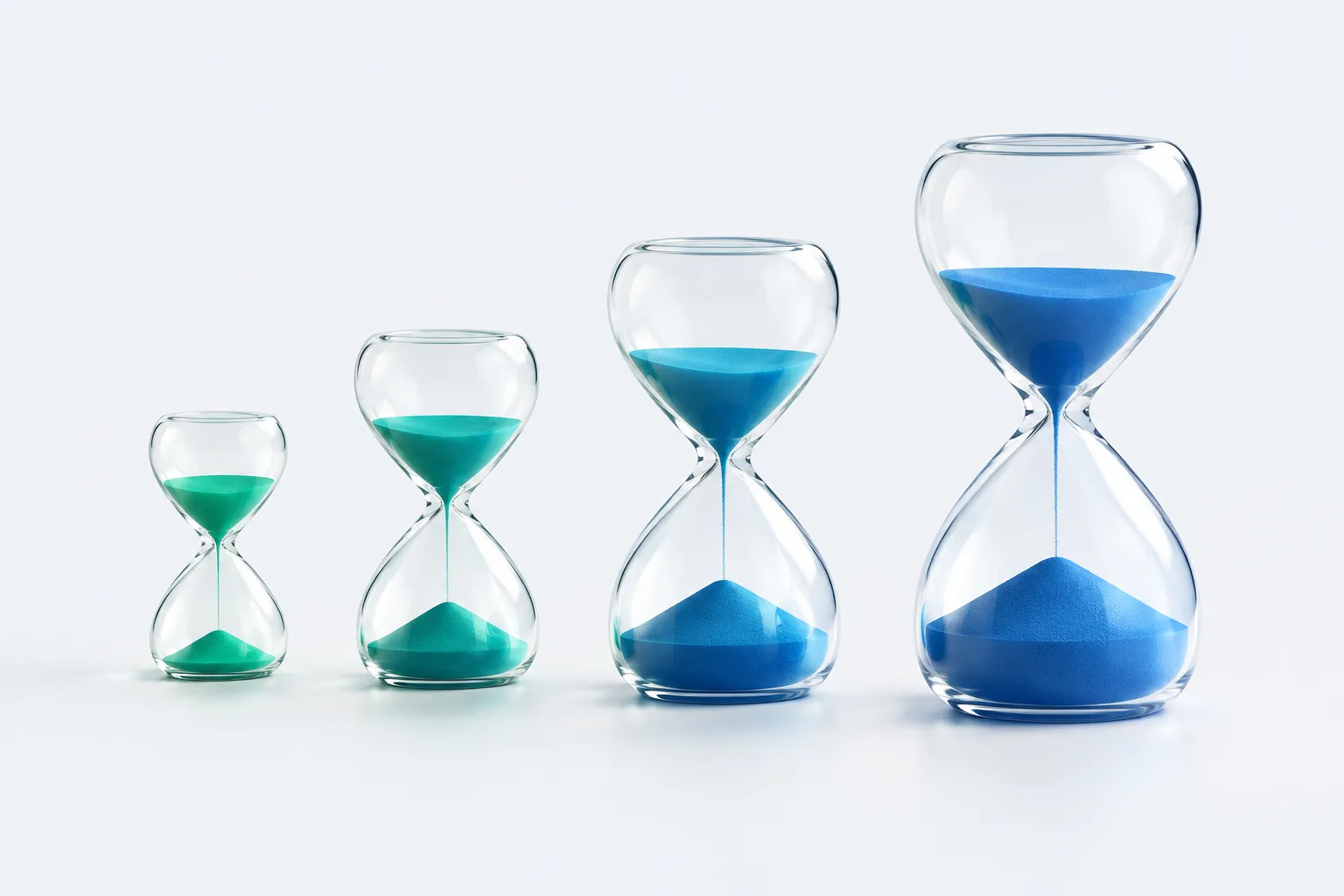 Four glass hourglasses of increasing size arranged in a row, representing a sequence of measurement checkpoints over time