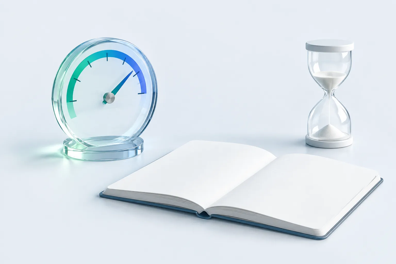 A glass calibration gauge and hourglass beside a blank ledger book, symbolizing a chief artificial intelligence officer setting a measurement baseline