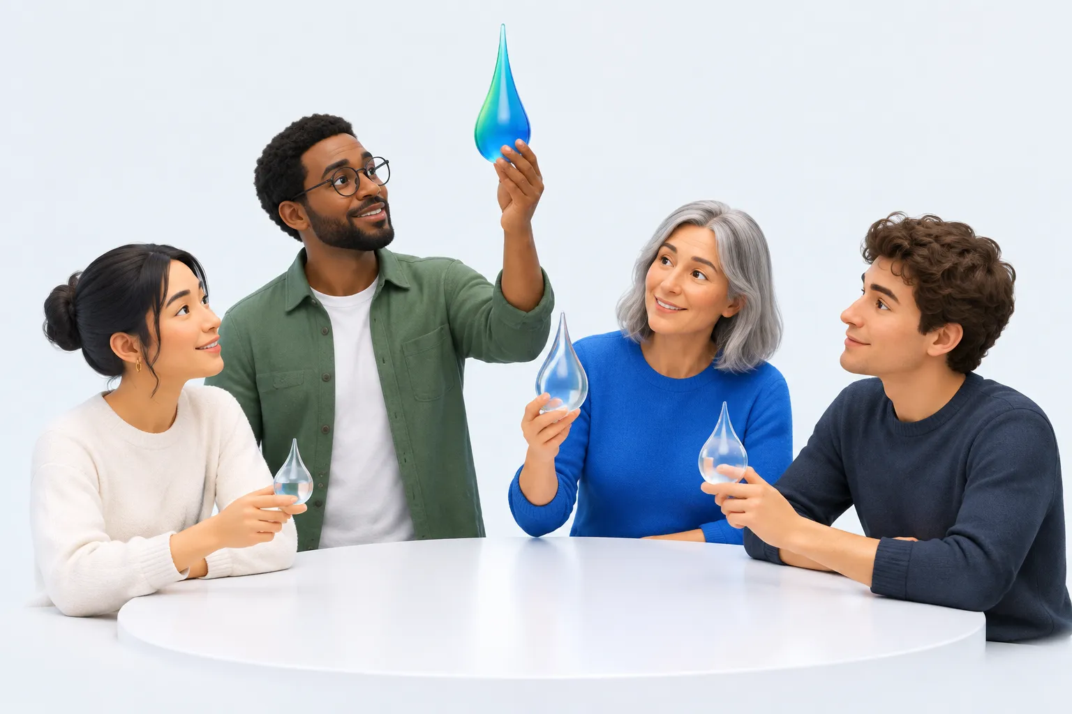 Four colleagues each holding a glass droplet of different height around a table, representing varied worry and readiness levels across a team.