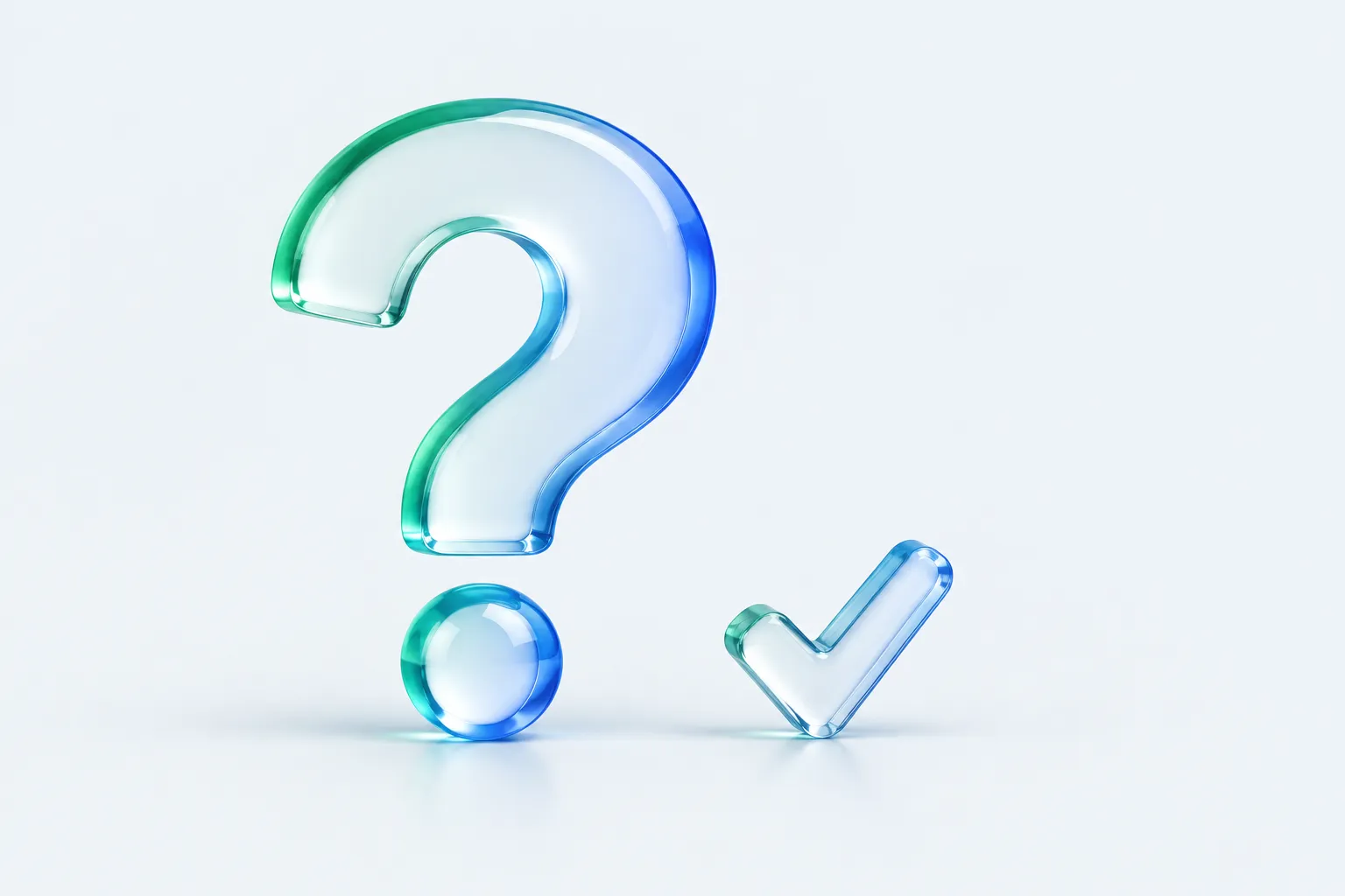 A large glass question-mark barrier tag beside a small checkmark stamp, representing AI adoption challenges that are easier to surface than to resolve.