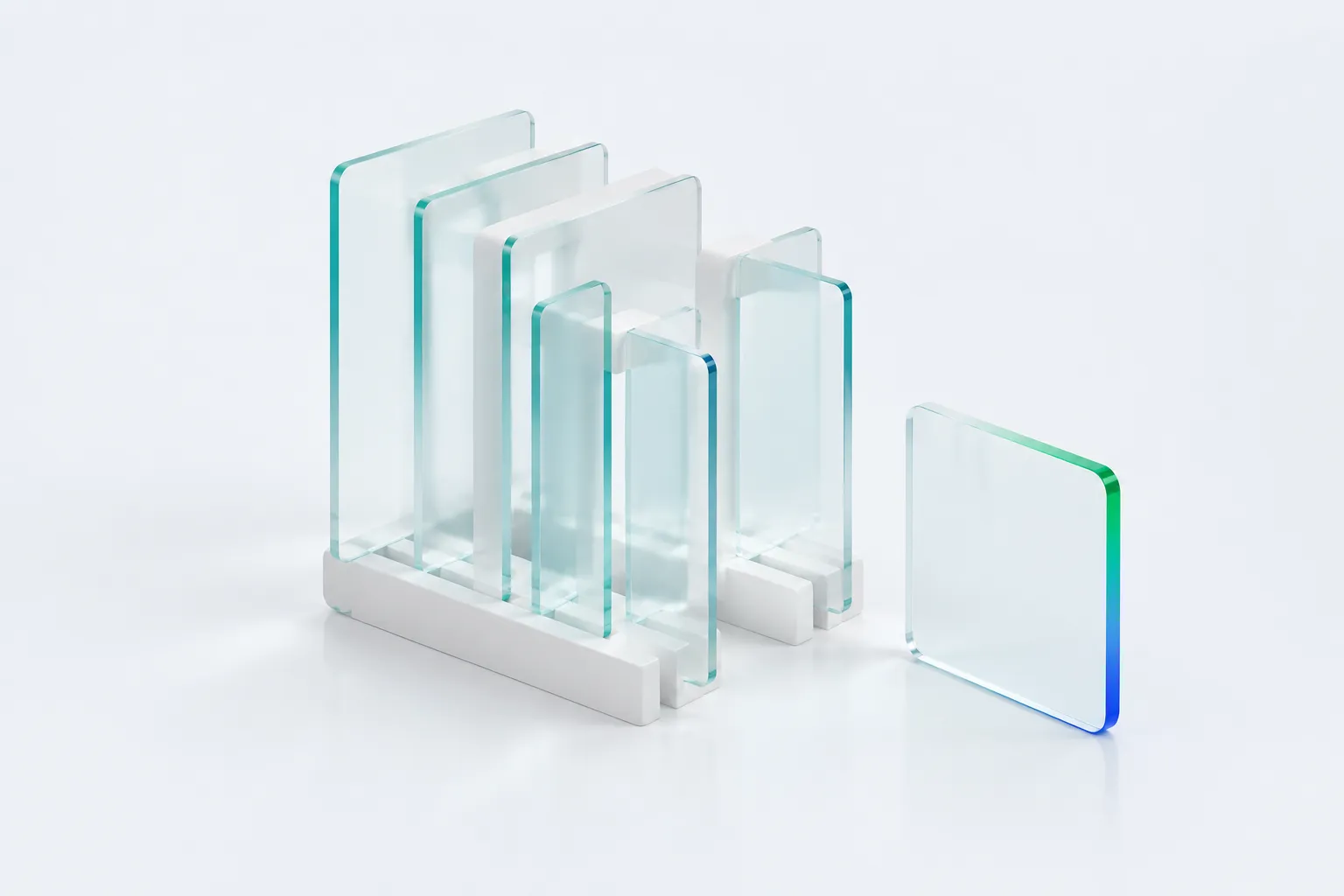 An abstract glass sieve structure with one panel left unplaced, representing filtering survey questions down to the ones an organization can act on.