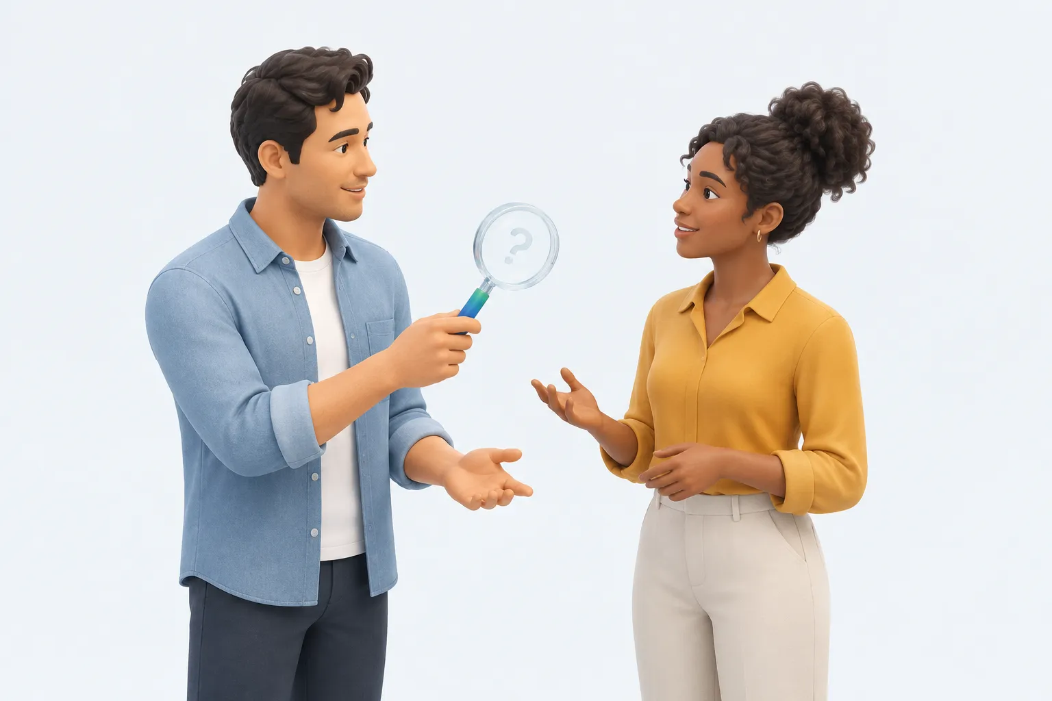 Two colleagues handing over a glass magnifying lens etched with a question mark, representing surfacing why a team isn't using AI.