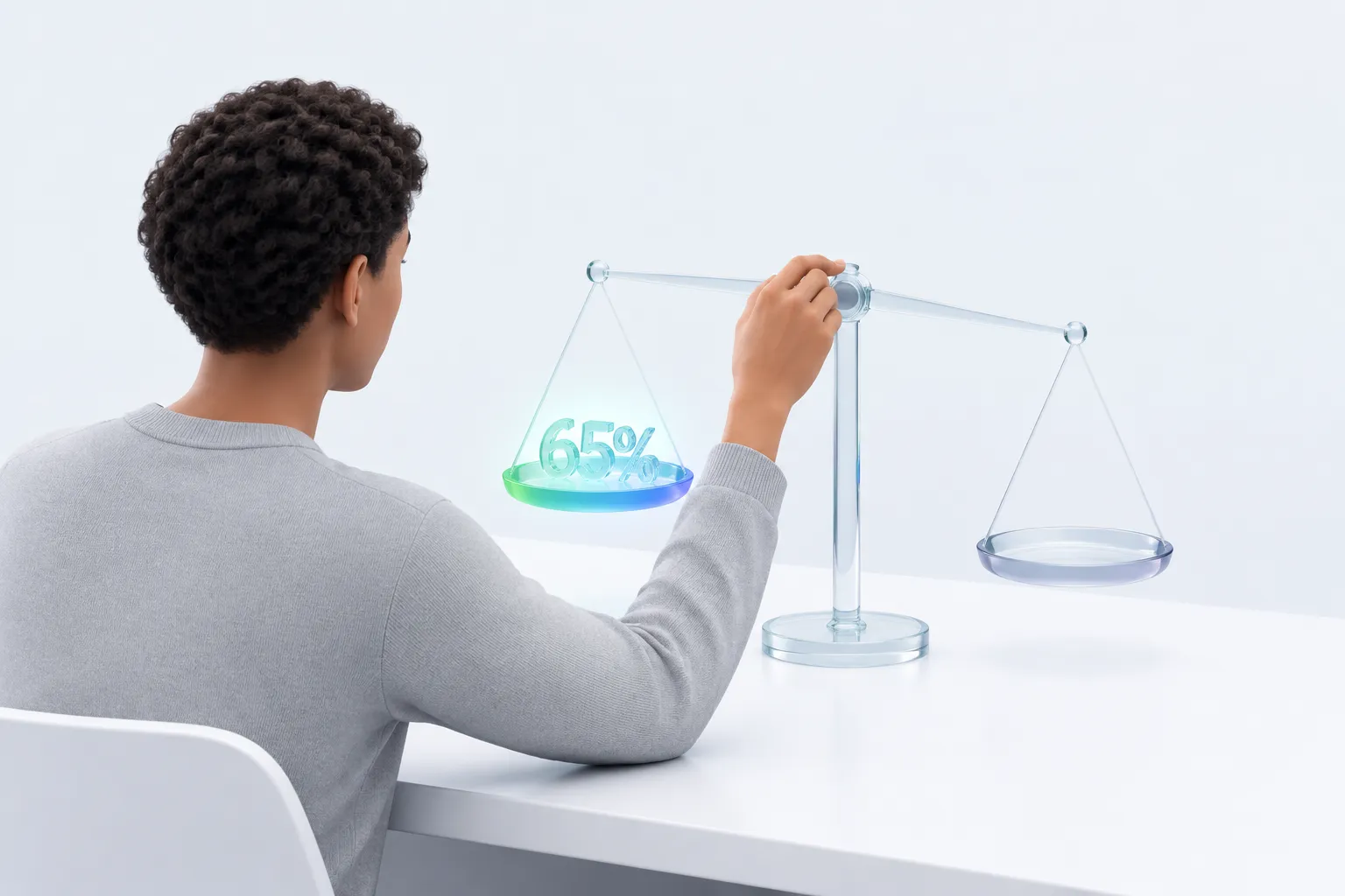 A person adjusting a glass balance scale with one glowing tray and one empty tray, representing the gap between self-reported productivity and measured outcomes.