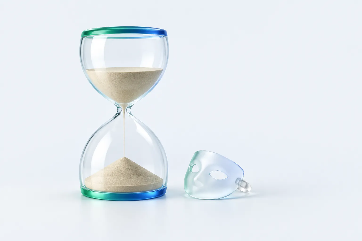Glass hourglass beside a small frosted glass mask on a pale surface