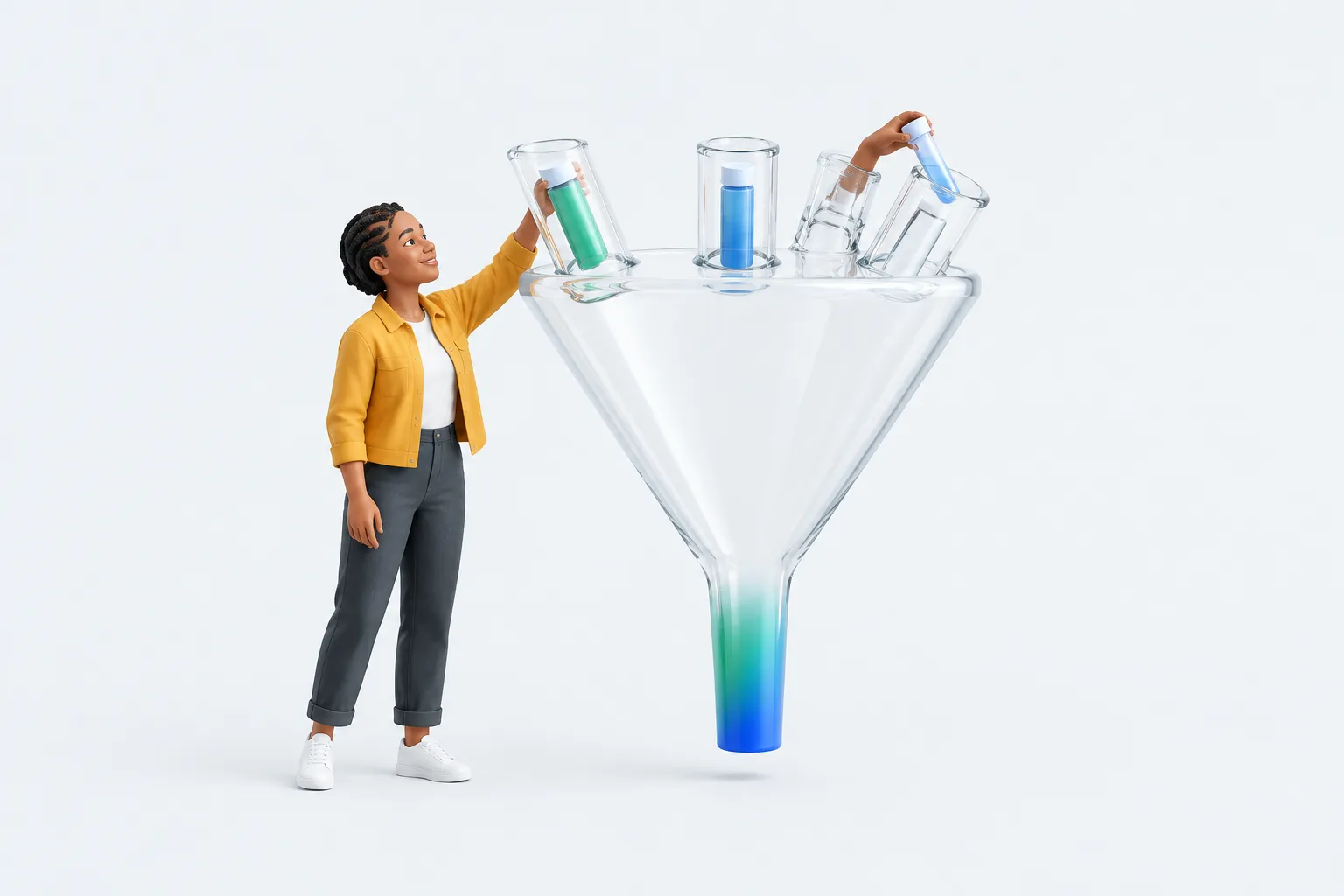 Small figure beside an oversized glass funnel with three inlets, placing a vial into the third