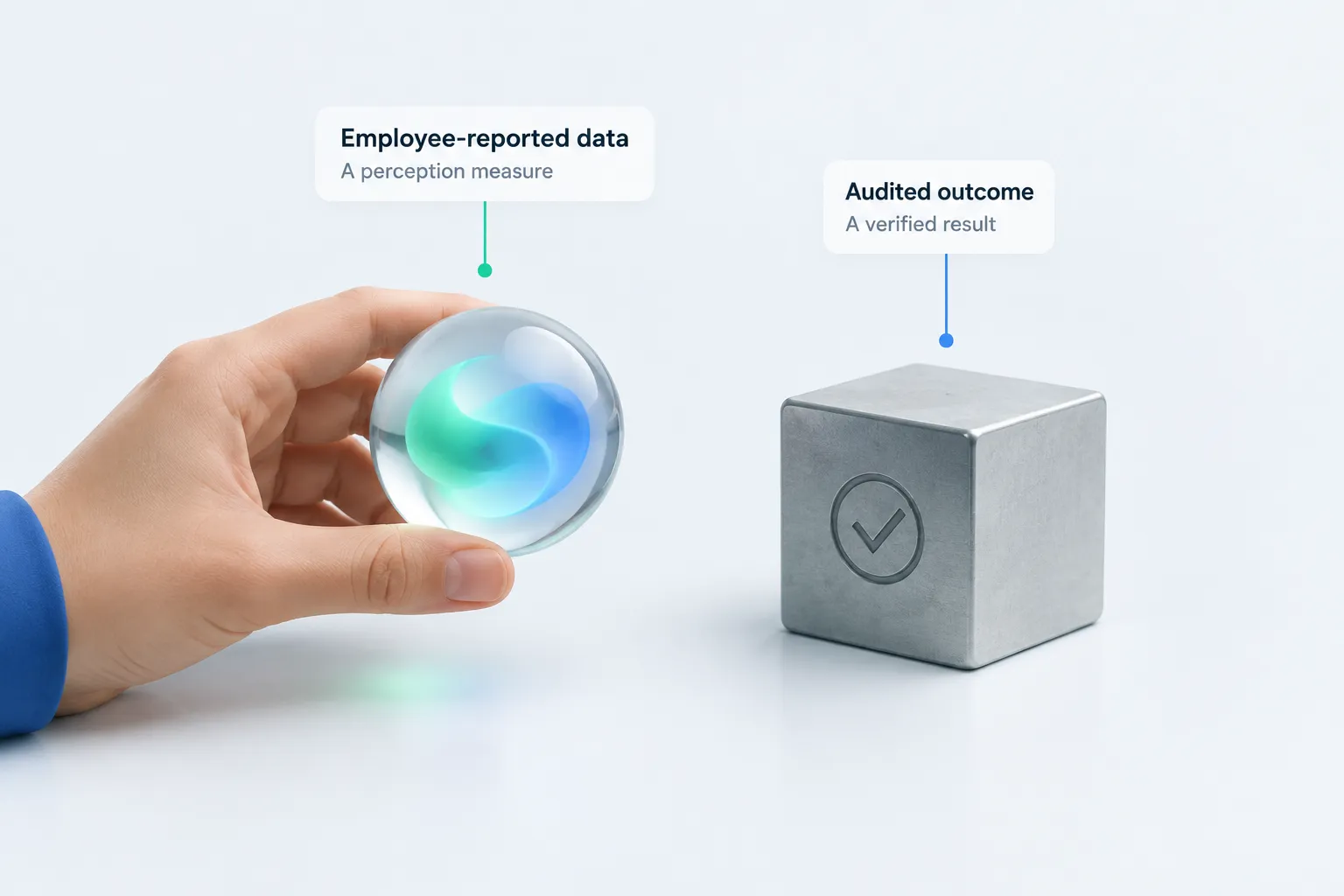 A glowing glass sphere beside a solid stamped block, contrasting perceived impact with verified fact