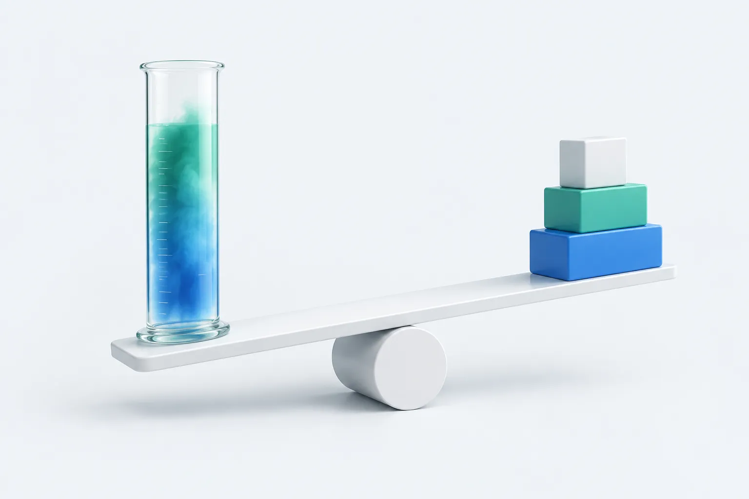 A glass cylinder of mist balanced against solid blocks, representing the gap between perceived AI ROI and verified financial results