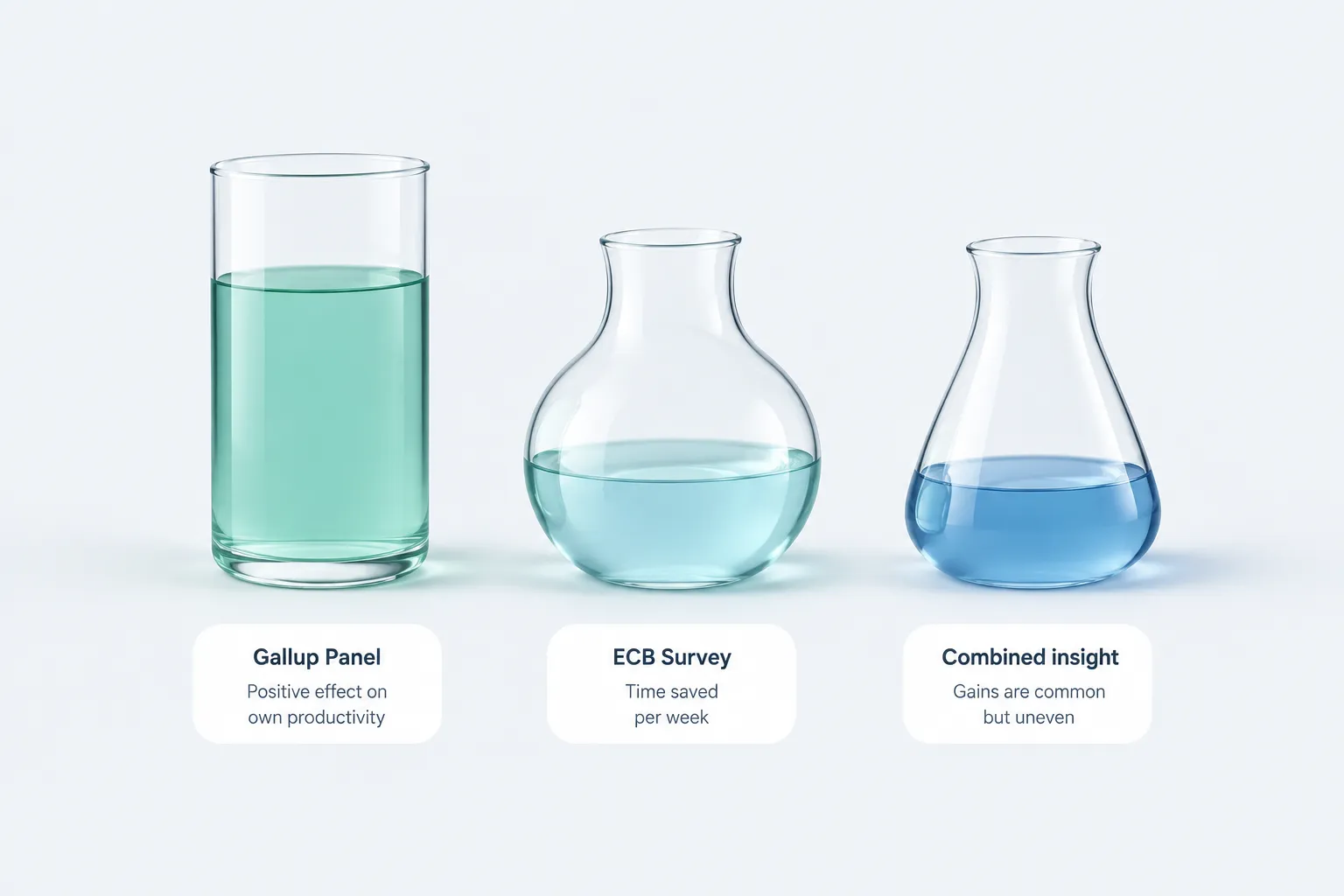 Three differently shaped glass vessels filled to different levels, representing varied survey results