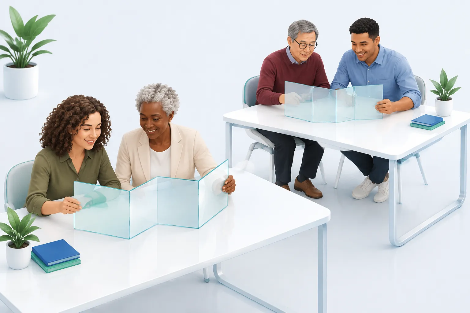Two small groups unfold glass maps at separate desks, representing checks of questionnaire routes.
