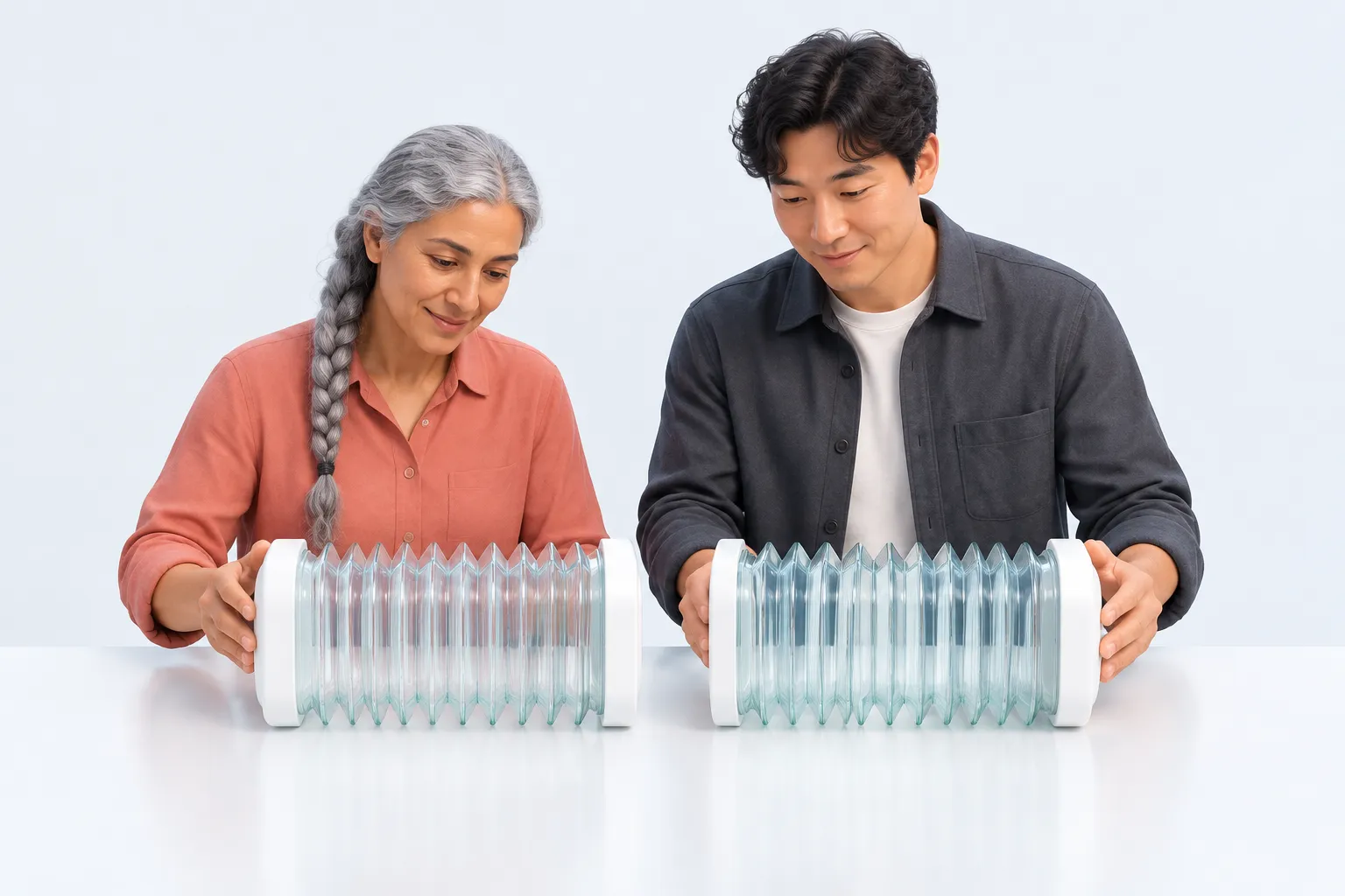 Two colleagues compare two unmarked glass bellows side by side, with distinct folds and aligned white endpoints.