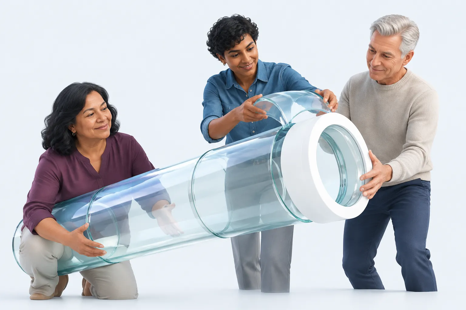Three colleagues assemble a glass telescope around a white aperture, representing agreement on question scope.