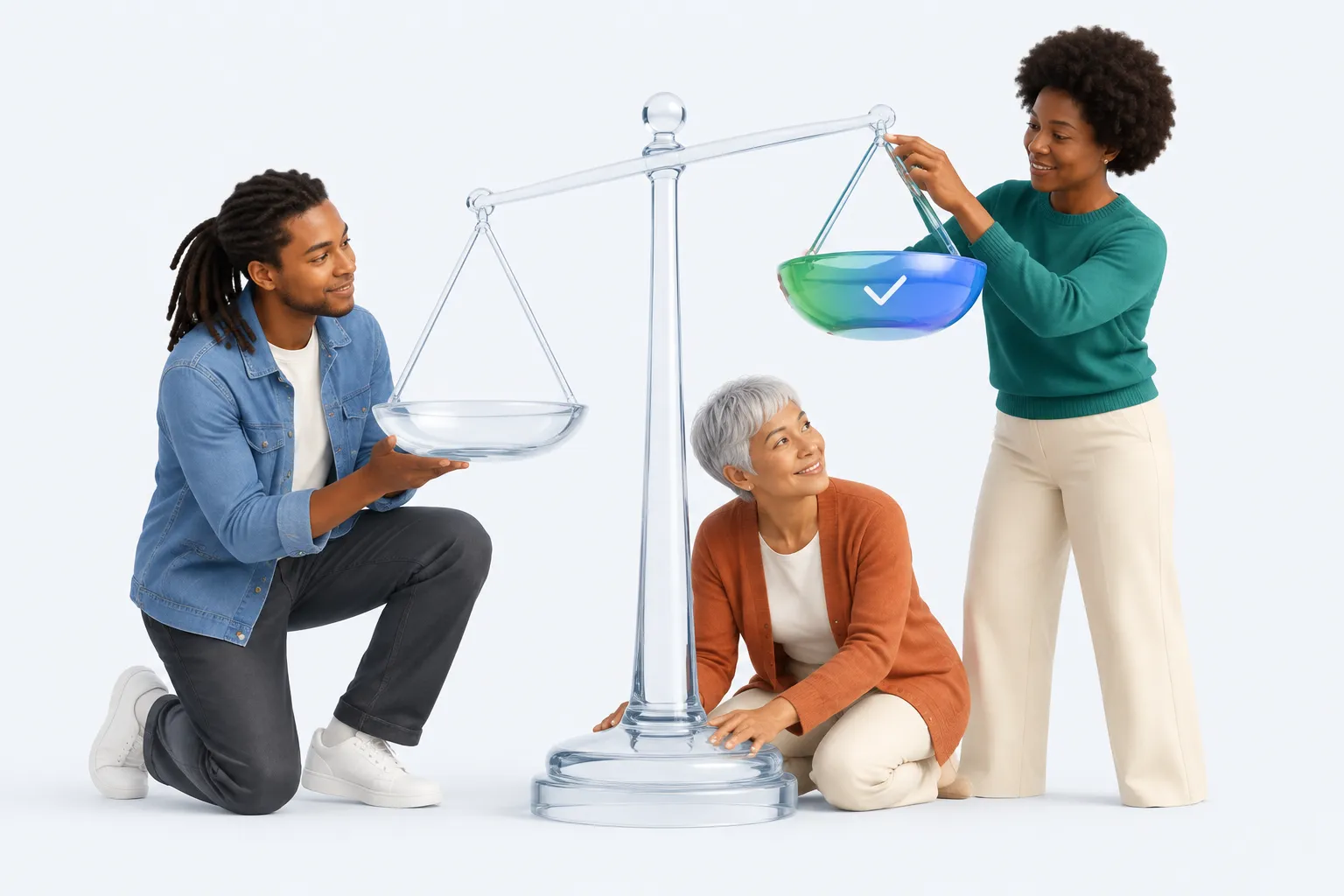 Three colleagues assemble a large glass balance scale, one placing a final checkmarked pan, standing in for comparing several platforms on equal terms.