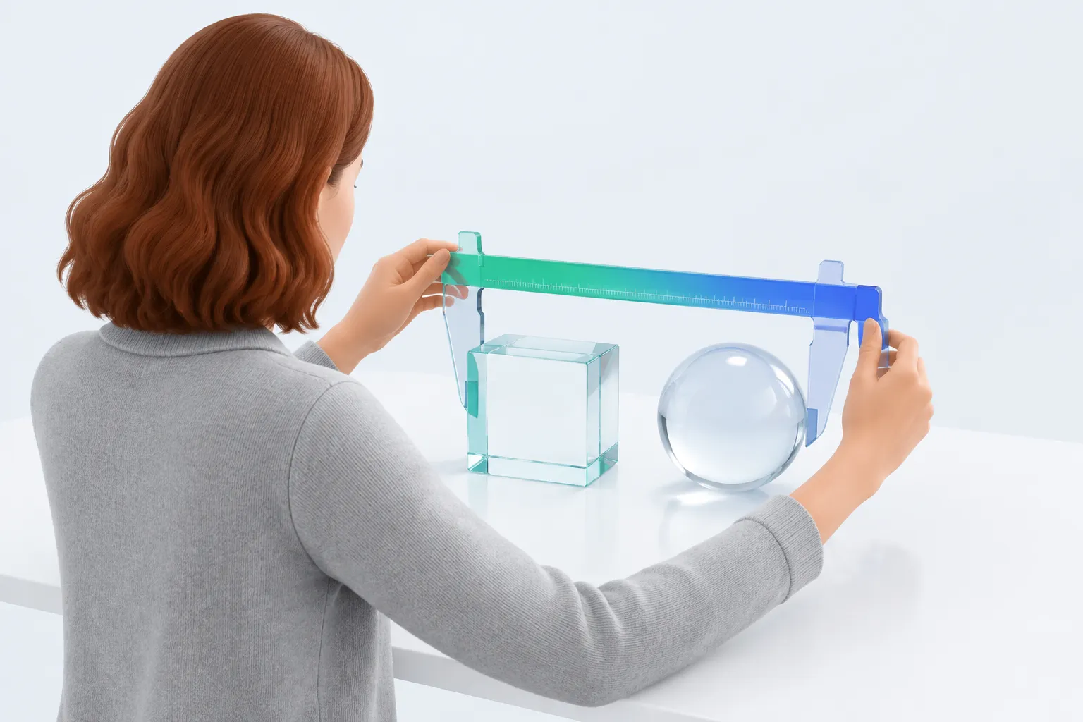 A person adjusts a glass caliper measuring two differently shaped glass blocks, representing an AI adoption readiness assessment comparing platforms on the same scale.