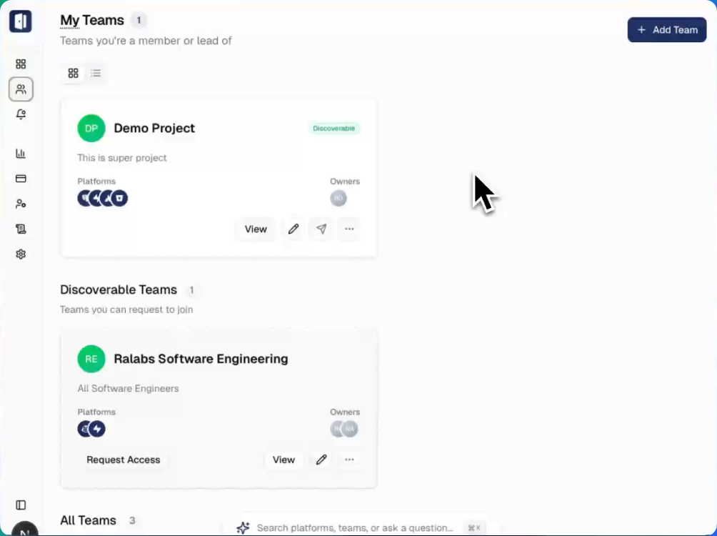 Team page showing a team and the teams available to join