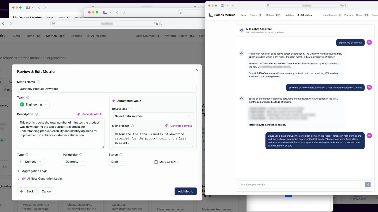 Screenshot of a Review and Edit Metric form: the metric Quarterly Product Downtime, its description, and a metric prompt that asks to calculate the total minutes of downtime last quarter.