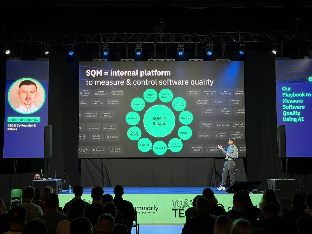 Roman on the WAWTech stage beside a slide on SQM, the internal platform to measure and control software quality.